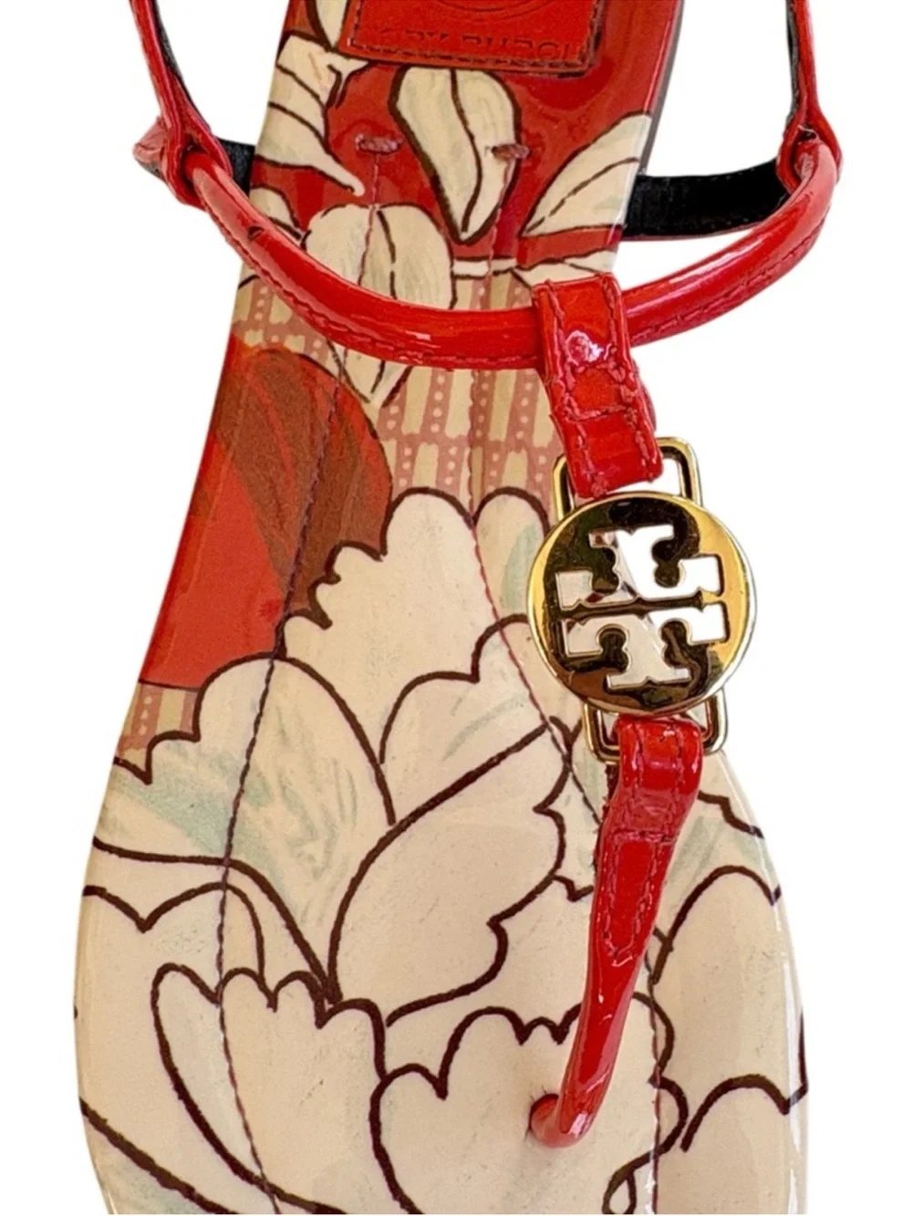 Tory Burch Leather Emmy T-Strap Sandals Floral Size 7.5